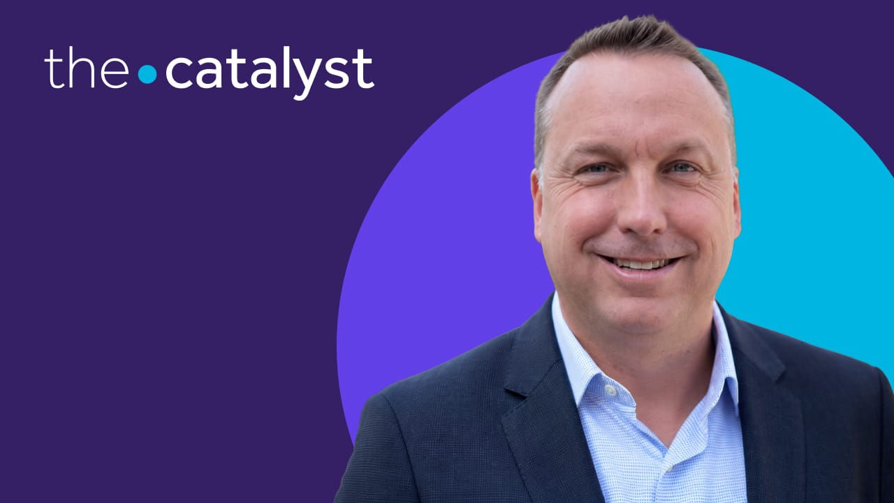 Bill Rodakowski's portrait with a plum and aqua background and the words "the catalyst"