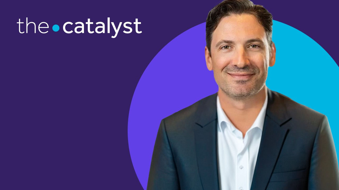 Dave Ross' portrait with a plum and aqua background and the words "the catalyst"