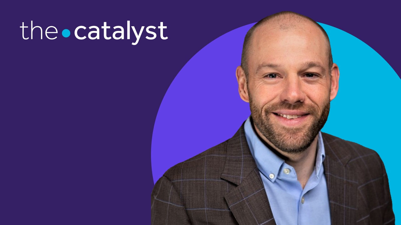 Keith Jacobs' portrait with a plum and aqua background and the words "the catalyst"